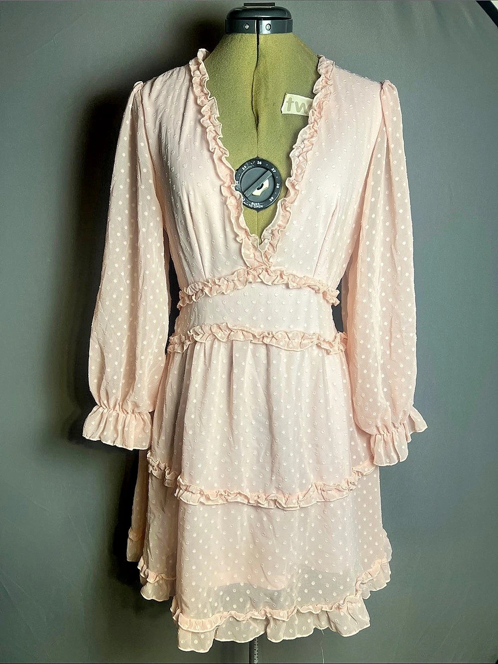 Pink Layered Ruffled Puff Sleeve Swiss Polka Dot V Neck Dress Size S